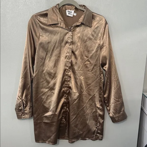 Princess Polly Women Mini Shirt Dress Bronze Satin Button Down Size 4 - Image 2
