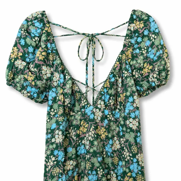 NEW Lulus Meadow Muse Green Floral Tie-Back Puff Sleeve Cottagecore Midi Dress - Image 7