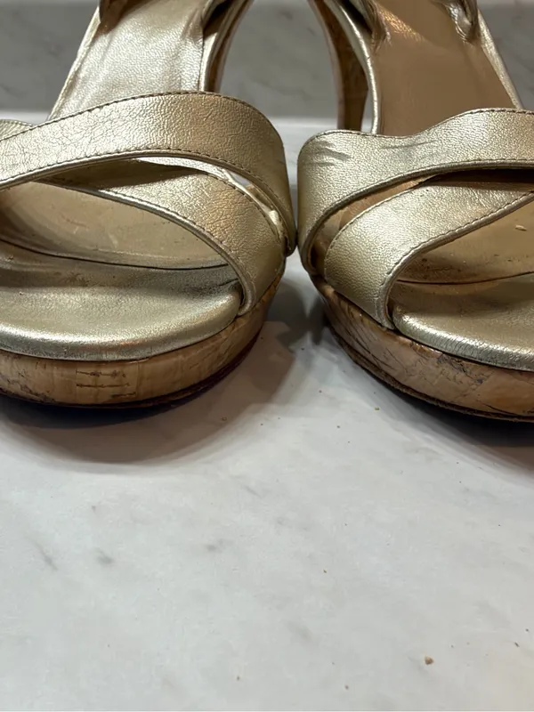 Stuart Weitzman Gold Metallic Leather Cork Platform Slingback Heels Size 7 Y2k - Image 5