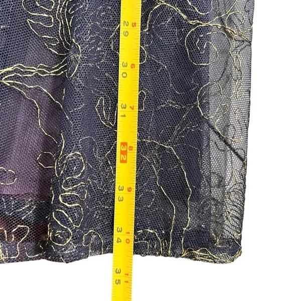 St. Gillian Navy Gold Embroidered Mesh Tiered Midi Skirt Size 6 - Image 9