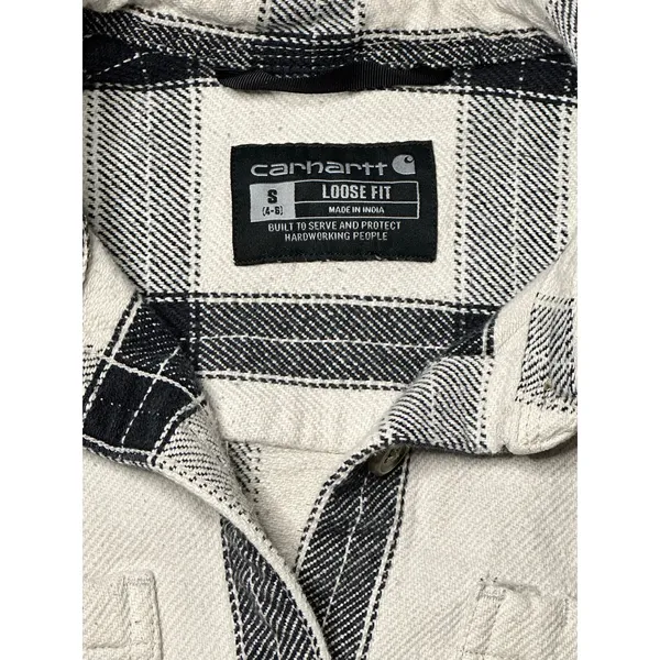 Carhartt Women’s Loose Fit Plaid Flannel Shacket Cream Black Small | Heavyweight - Image 2