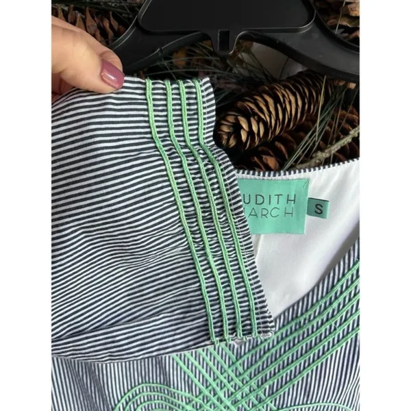 Judith March Blue and White Pinstriped Dress Mint Green Embroidery Size Small - Image 5