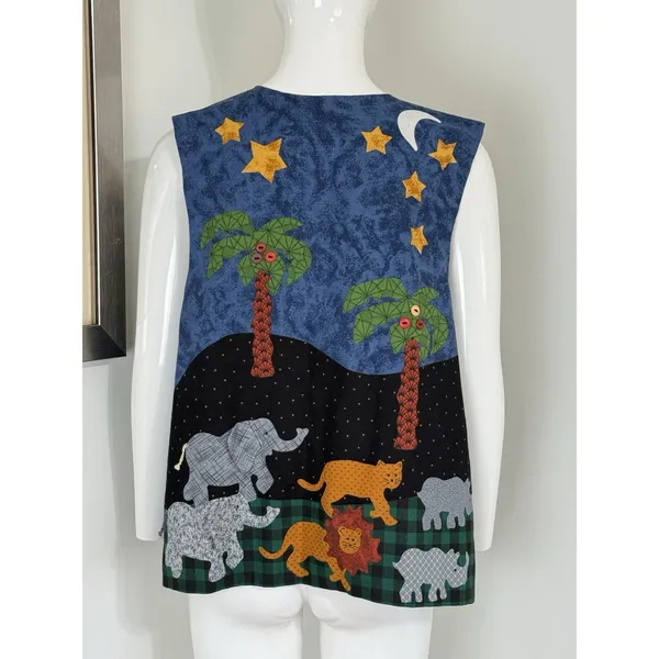 Vintage 90s Handmade Noah’s Ark Patchwork Reversible Vest Women’s Size L Boho - Image 3
