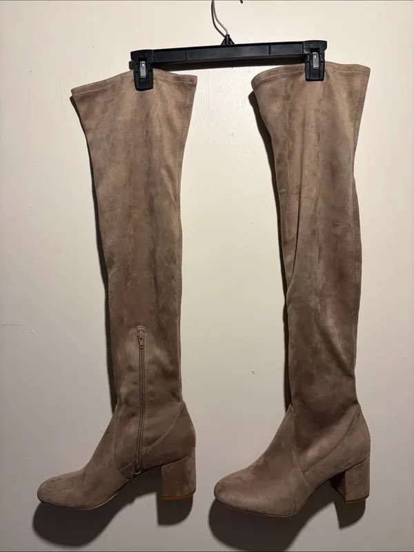 INC Rikkie Over The Knee Boots Soft Fabric Taupe Block Heel Never Worn Size 9 - Image 4