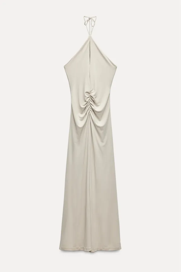 Zara dress gown fitted maxi bodycon Gray Halter formal evening wedding - Image 15