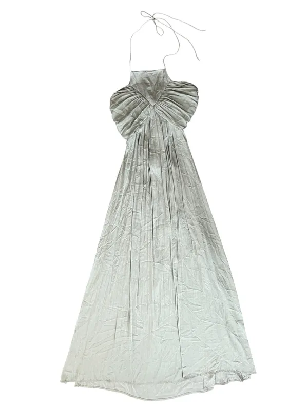 Anthropologie Women’s Halter Neck Tie Back Flowy Maxi Dress Sage Green Size M - Image 2