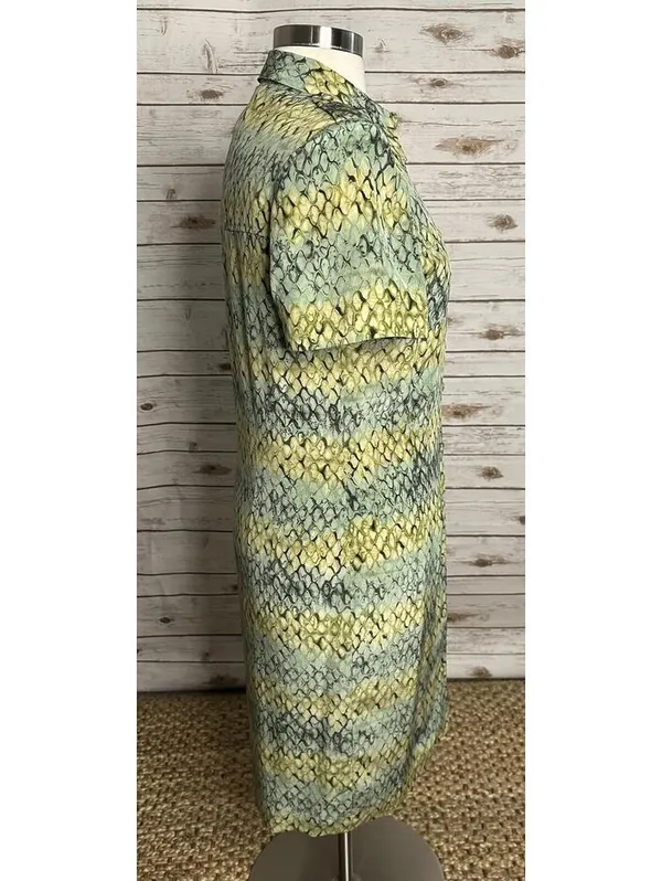 Vintage 100% silk reptile print midi dress Size 16 yellow green button up safari - Image 5
