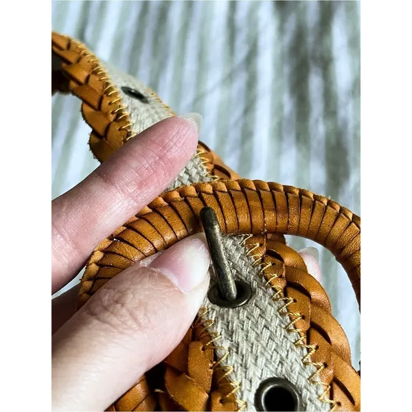 Woven Leather and Canvas Grommet Belt Wrapped Buckle One Size Cognac and Cream - Image 7