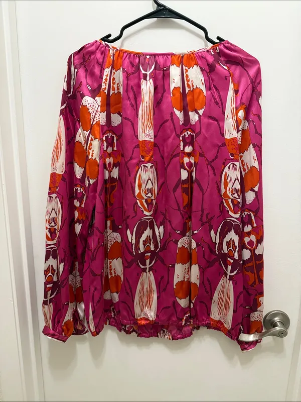 Tory Burch Silk Fuchsia Pink Beetle Print Pom-Pom Blouse - Image 4