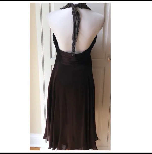 Anne Klein Brown Silk Gold Ring Necklace Halter Dress 10 Marilyn Monroe Flare - Image 5