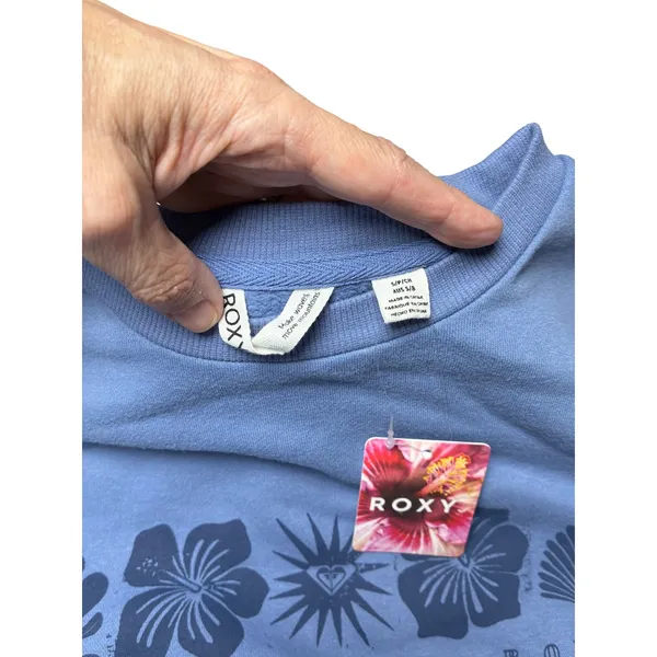 Roxy Blue Graphic Fleece Sweatshirt Women's S Coastal Surf Y2K Hibiscus - Image 5