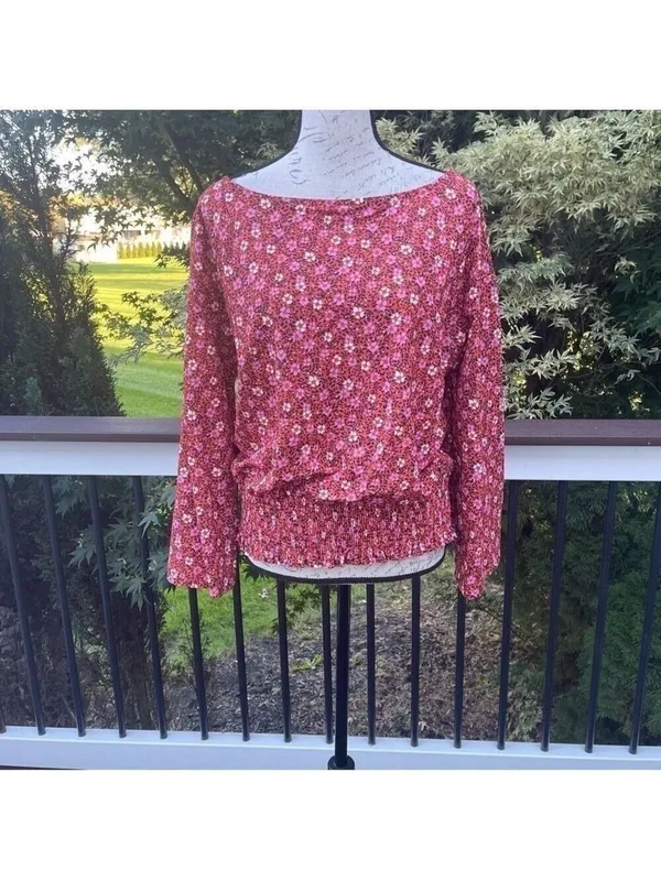 Ann TAYLOR FLORAL BELL SLEEVE SMOCKED WAIST TOP IN RIPE PERSIMMON SZ L - Image 2