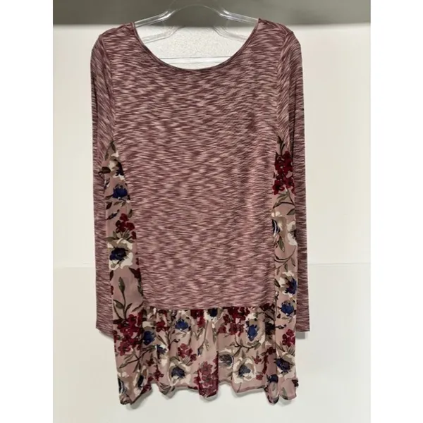 Umgee L Marled Knit Floral High Low Tunic Top Boho Babydoll Long Sleeve - Image 3