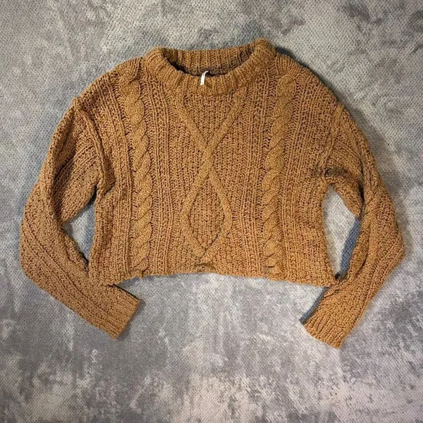 Free People Cutting Edge Cable Knit Pullover Sweater Camel Crop Cotton Size Smal - Image 2