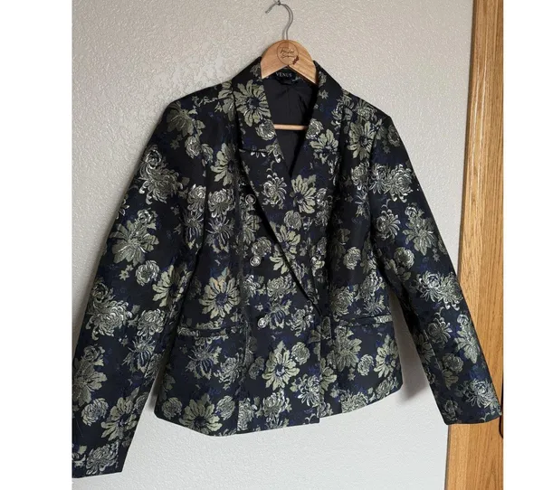 Venus Floral Metallic Jacquard Blazer Jacket Size 10 Gold Navy Black - Image 2