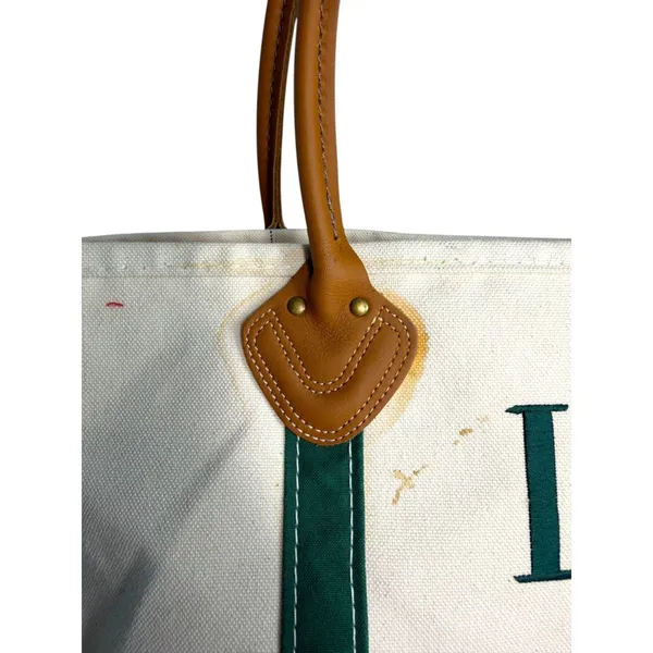 L.L. Bean Vintage 1980s Boat and Tote Canvas Cream Green Leather Handles – READ - Image 4