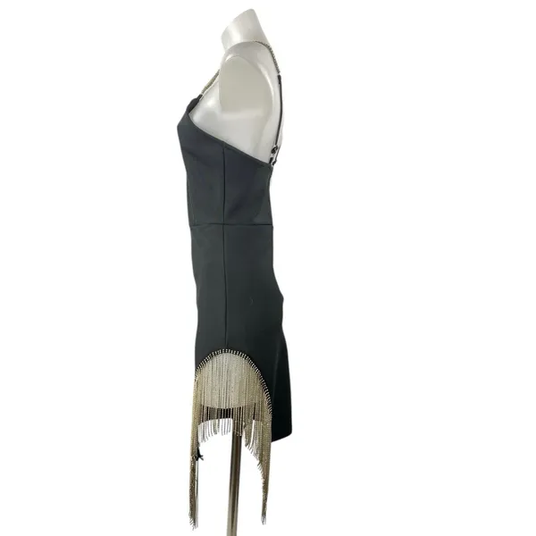 Women's Black Sleeveless V Neck Gold Fringe Beaded Cami Mini Bodycon Dress Sz M - Image 3