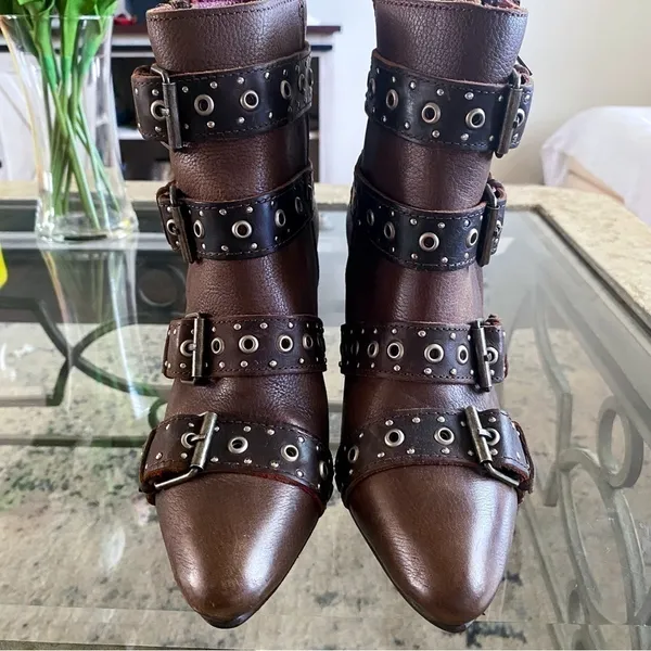 Freebird by Steven Boot Joust Ankle‎ Buckle Studded Leather Heeled Boho Brown 6 GUC - Image 4
