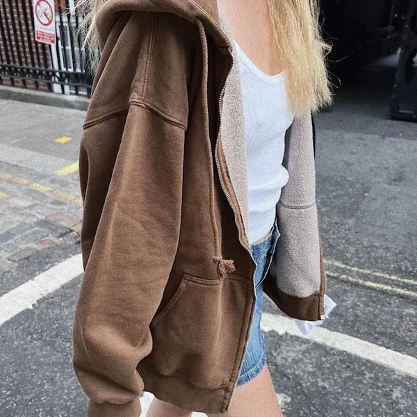 Brandy Melville Brown Hoodie Zip-Up - Image 2