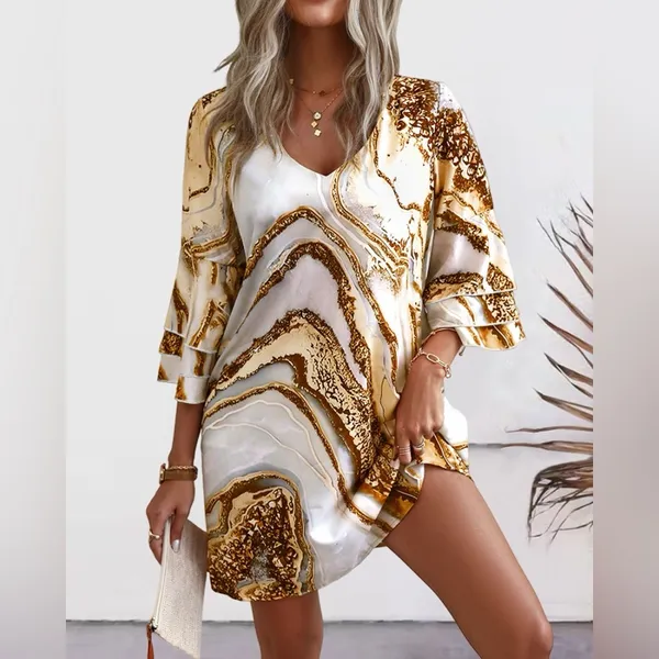 White & Gold Marble print dress NWOT - Image 2