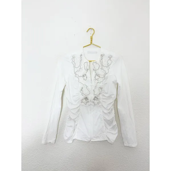 Anne Fontaine White Pima Cotton Ruffle Zip Up Night Top Size 42 - Image 3