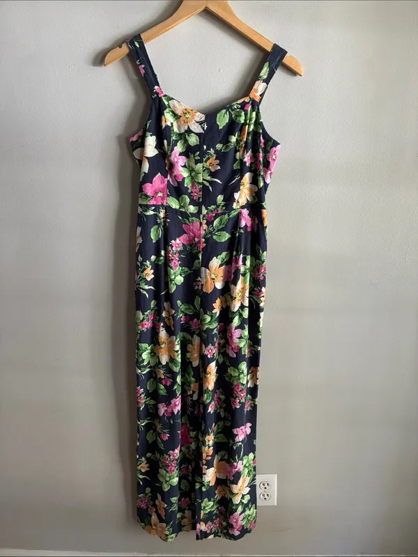 Old Navy Floral Linen Blend Jumpsuit Small Navy Wide Leg Smocked Back - Image 3