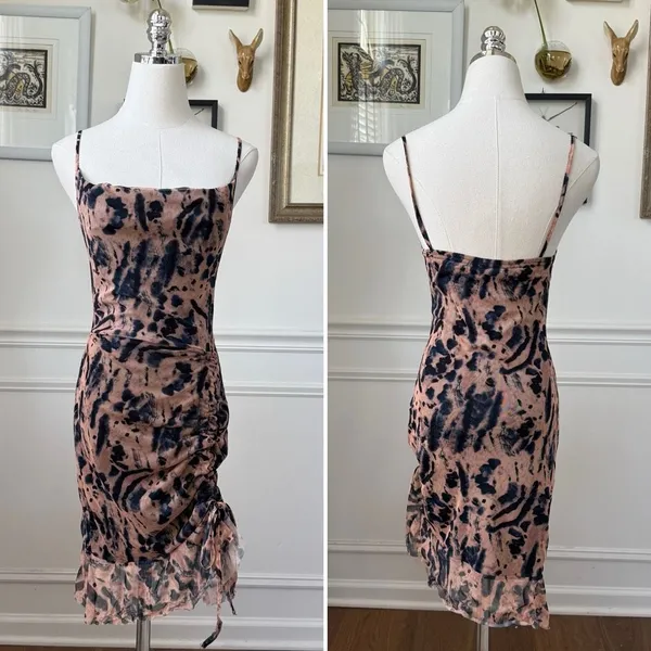 Pretty Little Thing Mesh Bodycon Ruched Mini Dress Dark Blue Beige Peach 4 - Image 2