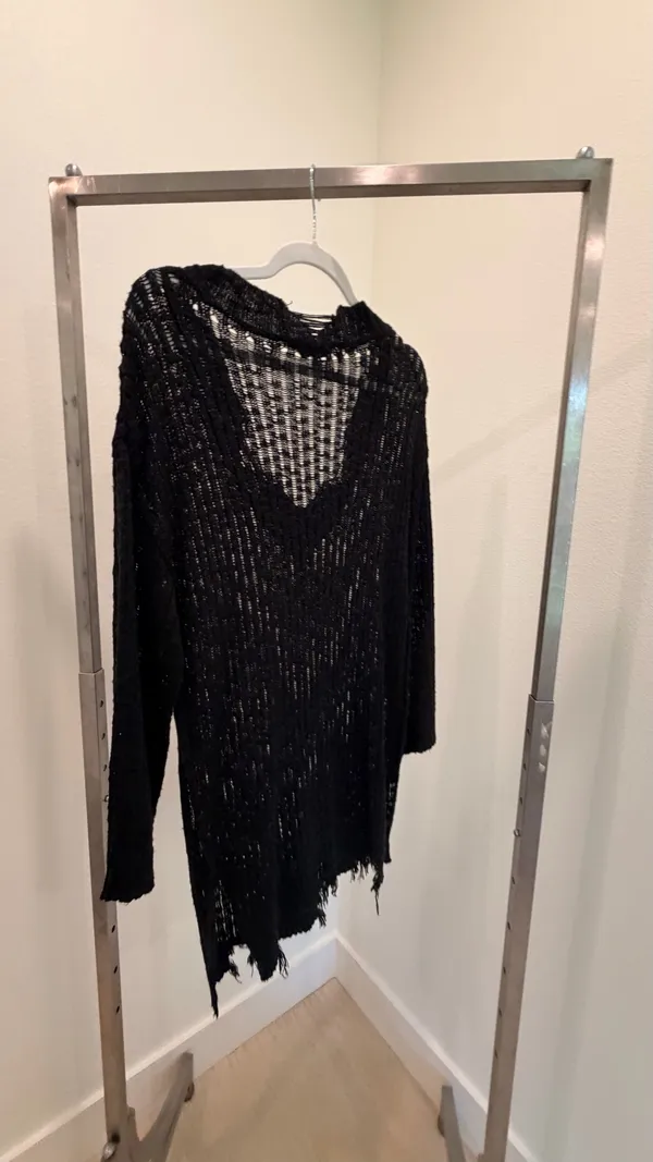 Davi & Dani Black Solid Open Knit Fringe Hem V-Neck Pullover Sweater Dress S - Image 2