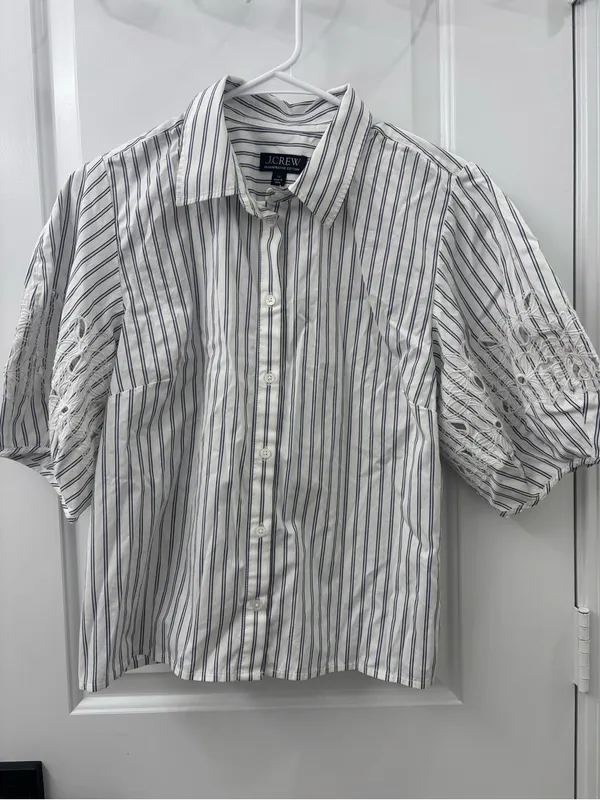 J crew eyelet puff sleeve shirt in striped cotton poplin - Image 3