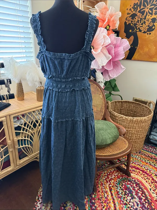 Gap x DOEN Blue Eyelet Lace Denim Boho Hippie Femme Cottage Midi Maxi Dress - Image 2