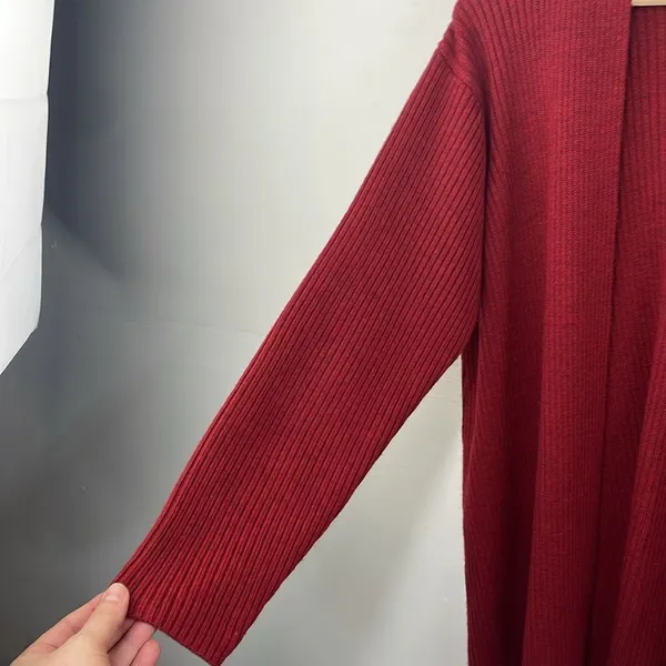 Eileen Fisher Open Front Ribbed Cardigan Sweater 100% Merino Wool Deep Red Med - Image 8