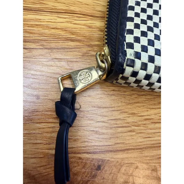 Tory Burch Woven Leather Checkerboard Zip Continental Wallet Navy White OS - Image 15