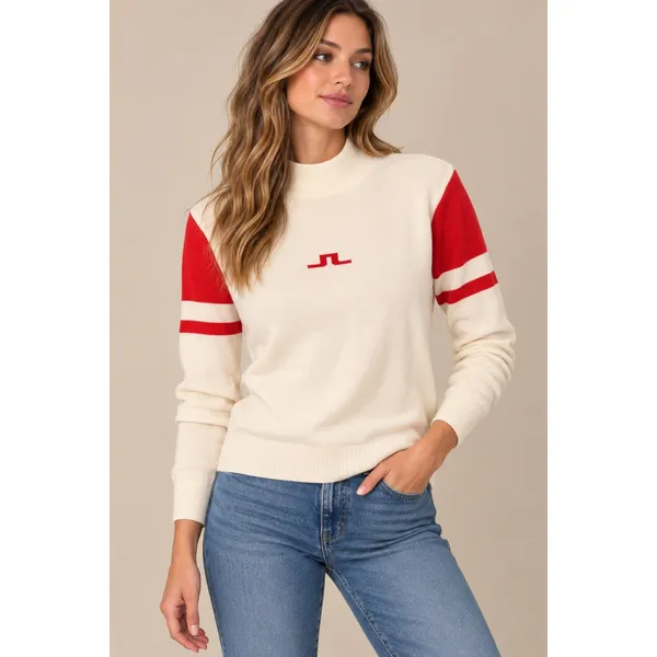 J.Lindeberg Womens Sweater S White Red Leighton-Wool Coolmax Mock Neck Logo - Image 3