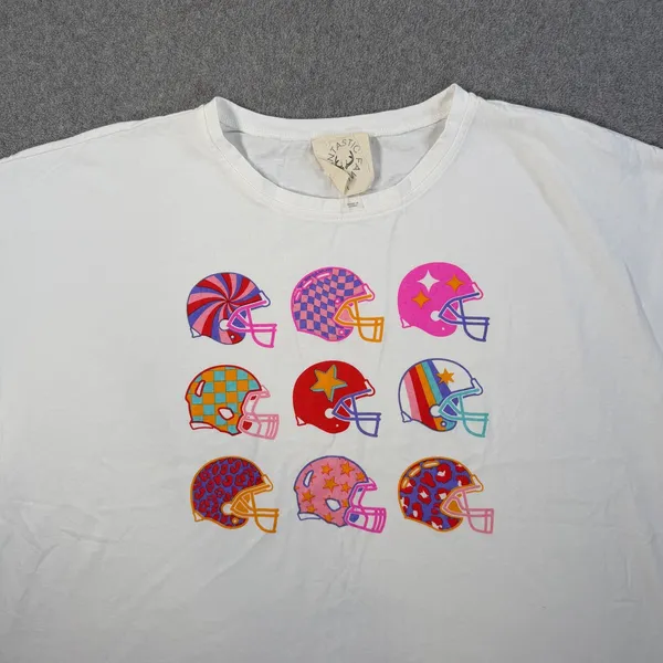 Fantastic Fawn Women Large White Football Helmets Graphic T-Shirt Boxy Colorful - Image 3