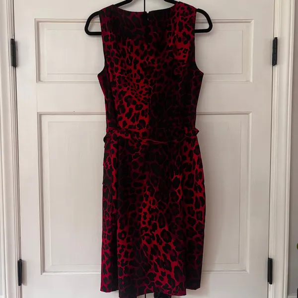 Cache‎ Vintage Red Black Leopard Print Midi Dress Belted Sheath Mob Wife Size 12 - Image 8
