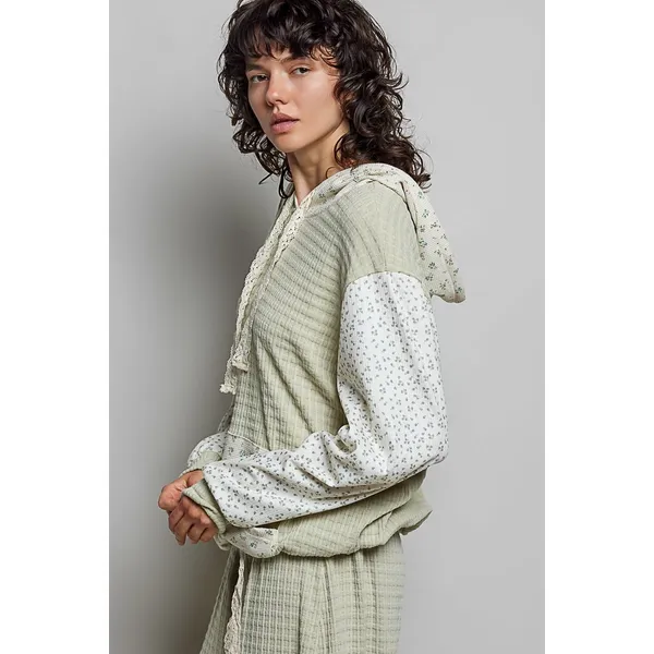 POL Mixed Knit Contrast Print Sleeve Hoodie with Kangaroo Pocket - Sage - Medium - Image 2