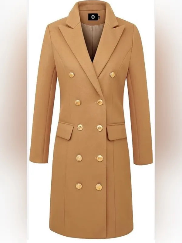 Khaki Camel Autumn Peacoat Trench Coat Long Jacket Wool Blend Sz M (8-10) - Image 5
