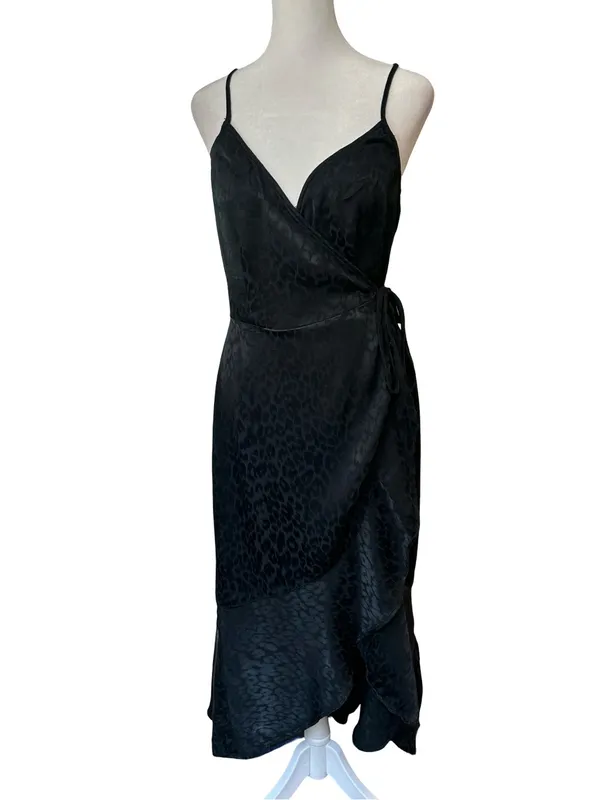 Abercrombie & Fitch BLK leopard satin ruffle wrap dress goth grunge edgy chic M - Image 3