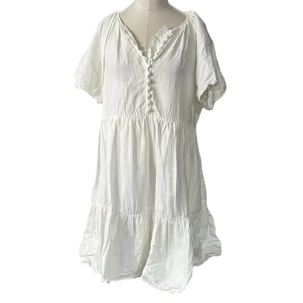 Madewell Women's Medium White Linen Blend Mini Dress Flutter Sleeve Tiered - Image 2