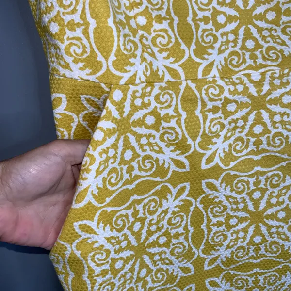 Boden Mustard Yellow Patterned Sleeveless Midi Sheath Classic Dress Size 6 - Image 5