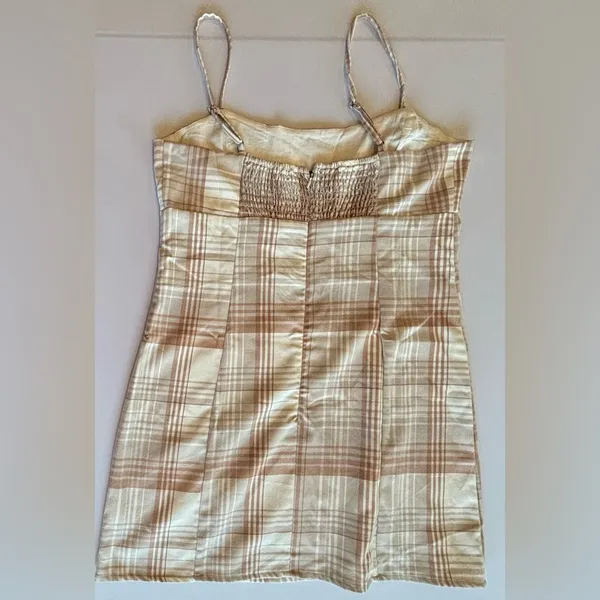 AEROPOSTALE Spaghetti Strap Plaid Mini Dress‎ w/ Slit @ Hem Brown/Cream Sz L - Image 2