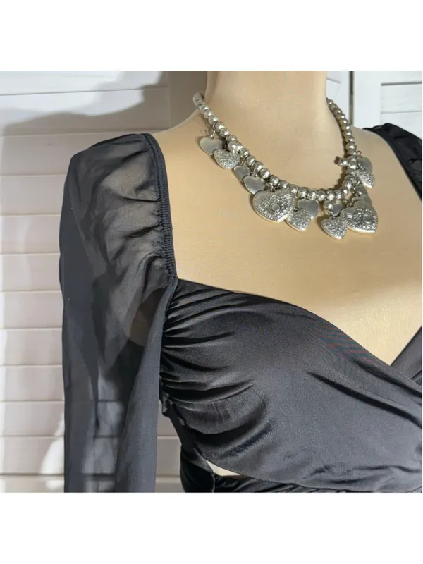Lucy in the Sky black mini dress puff sheer sleeve plunge V cocktail homecoming - Image 9