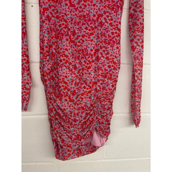 AFRM Sz S Mizra Pink Ditsy Floral Mesh Bodycon Ruched Long Sleeve Mini Dress - Image 4