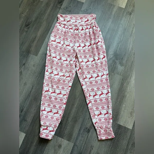 High Waisted Reindeer Christmas Pants Elastic Waist Pockets Red White - Image 2