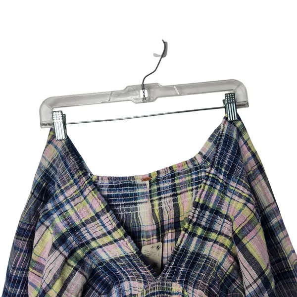 Free People Multicolor Smocked V-Neck Long Sleeve Marlena Plaid Crop Top Size XS - Image 4