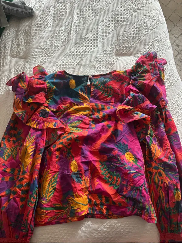 FARM Rio Red Pink Orange Floral Ruffled Puff-Sleeve Blouse - Image 6
