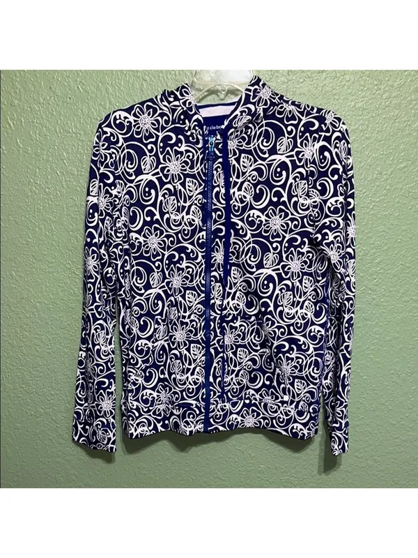 Vintage Liz Claiborne Navy White Floral Boho Hoodie jacket lightweight cruise - Image 2