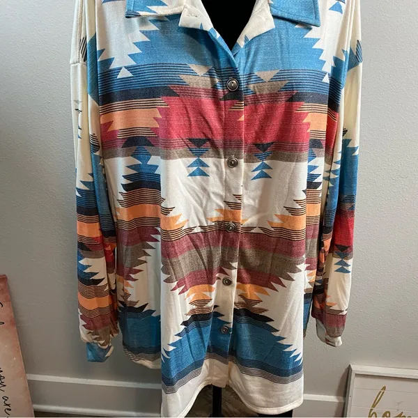 Boho Shacket Tribal Aztec Print Cream Button Collar Pockets Long Sleeve Medium - Image 12