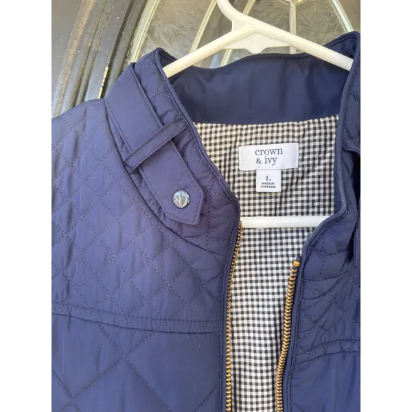 Crown & Ivy Navy Blue Quilted Puffer‎ Vest Gingham Lining Gold Zip Womens Large - Image 11