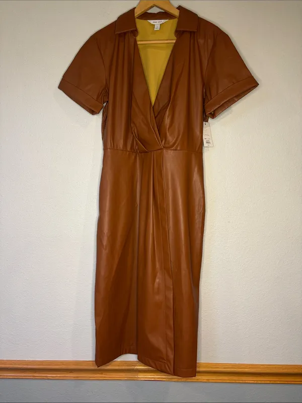 NWT Nine West faux leather wrap dress maple brown M *flaw* - Image 2
